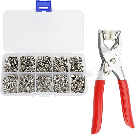 Snap Button Set with Pliers (Pack of 100) – Metal Fasteners for Clothing, Includes Press Tool